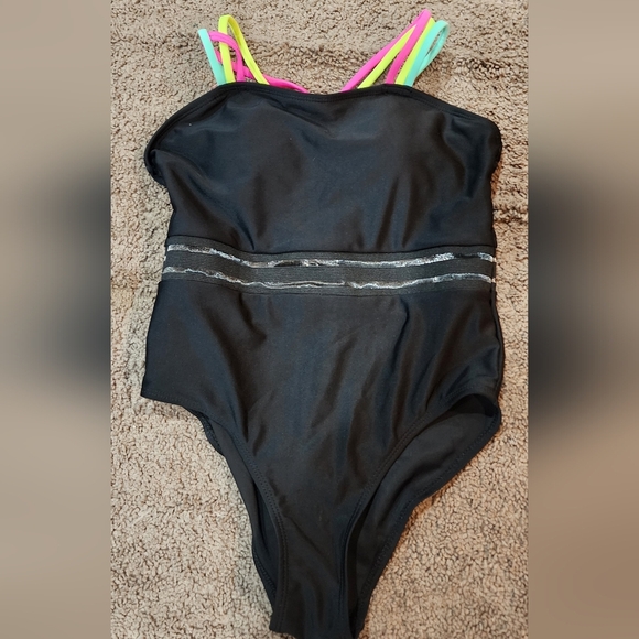 Girls Black One Piece Bathing Suit Size 11 with Mesh Accents And Colorful Straps - Picture 2 of 5